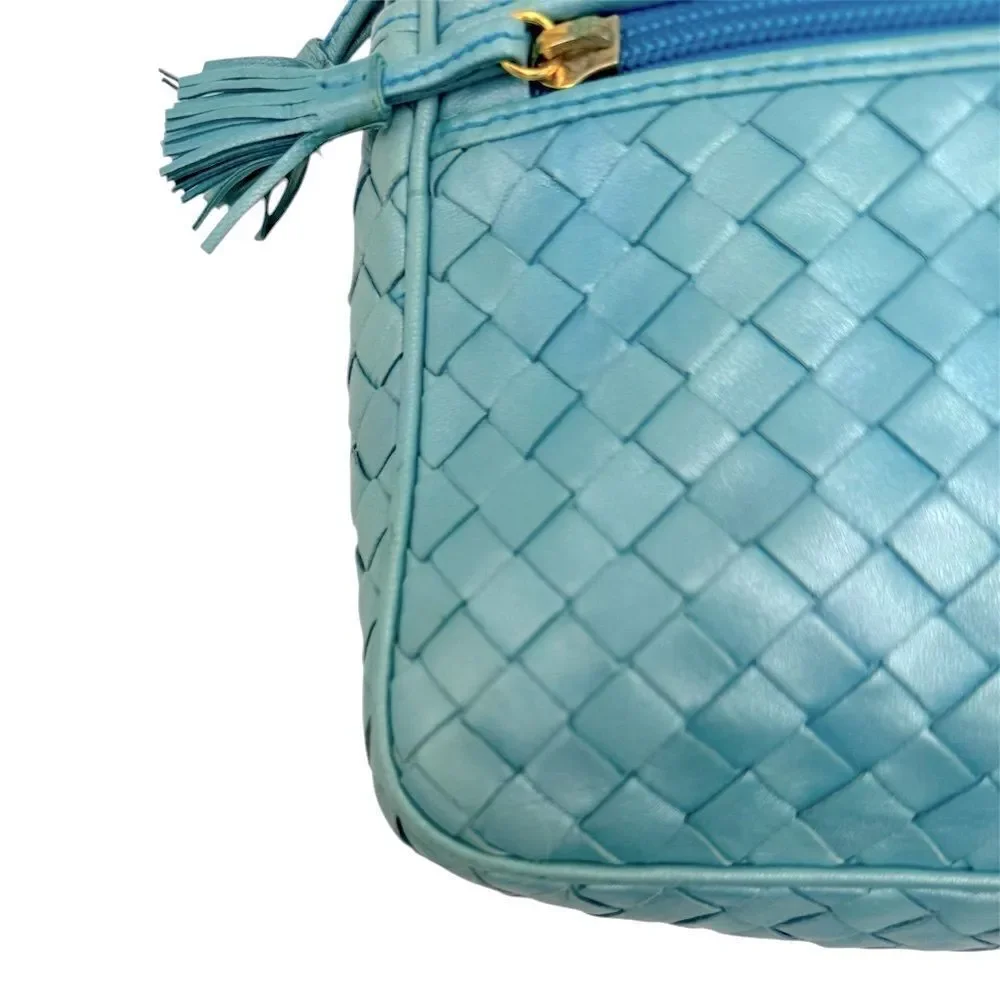 Auth Bottega Veneta Metallic Blue Intreciatto Camera Crossbody Shoulder Bag